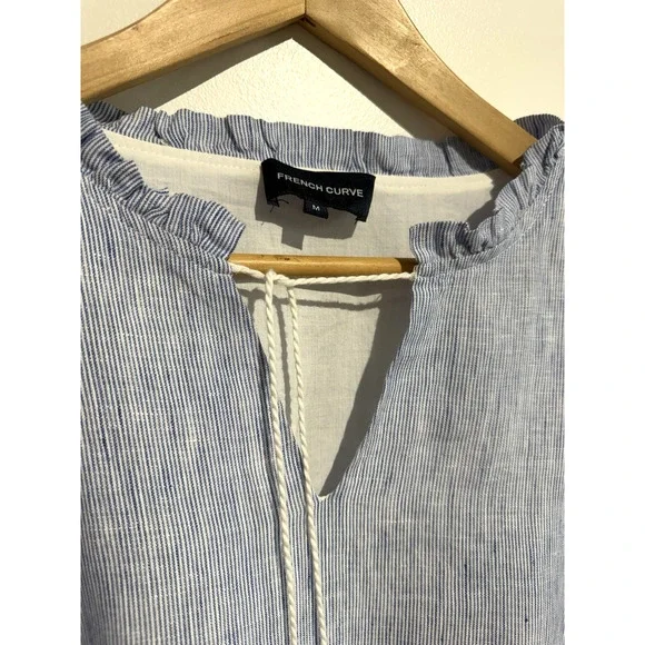 French Curve Linen ruffle V neck Dress Pinstripe Nautical Blue beach lace Sz-M - Picture 4 of 8